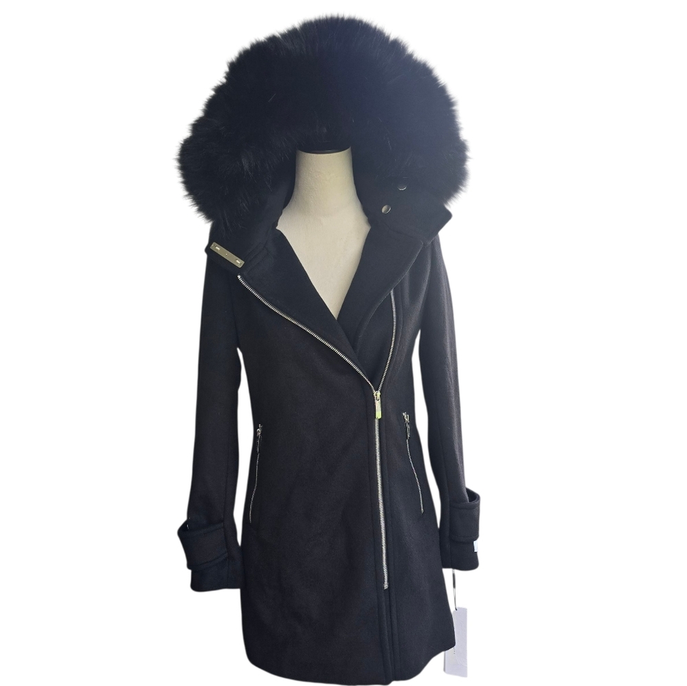 Calvin Klein Black Fur-Trimmed Hood Wool Blend Coat Size XXS NWT